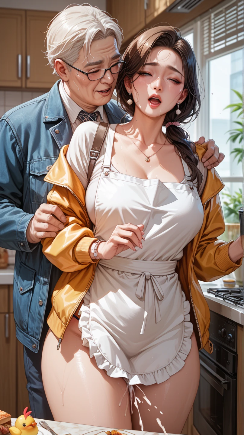 ((medium long shot)), (One ultimate beautiful mature woman), ( 1 women,1 boy), ((mom and son:1.4)), very detailed顔, detailed lips, sensual lips, detailed eye, double eyelid, brunette bun hair, big and full breasts,big , gigantic breast, (thighs thighs thighs), Exactly, perfect body, perfect face, Depth of the bounds written, perfect image realism, 、Detailed With background, detailed costume, perfect thing、hyper realism、photoreal、8K maximum resolution, (masterpiece), very detailed, Professional, ((feel shy, embarrased, nervous:1.4)), ((in the home, at kitchen :1.4)), ((knit maxi dress:1.4))