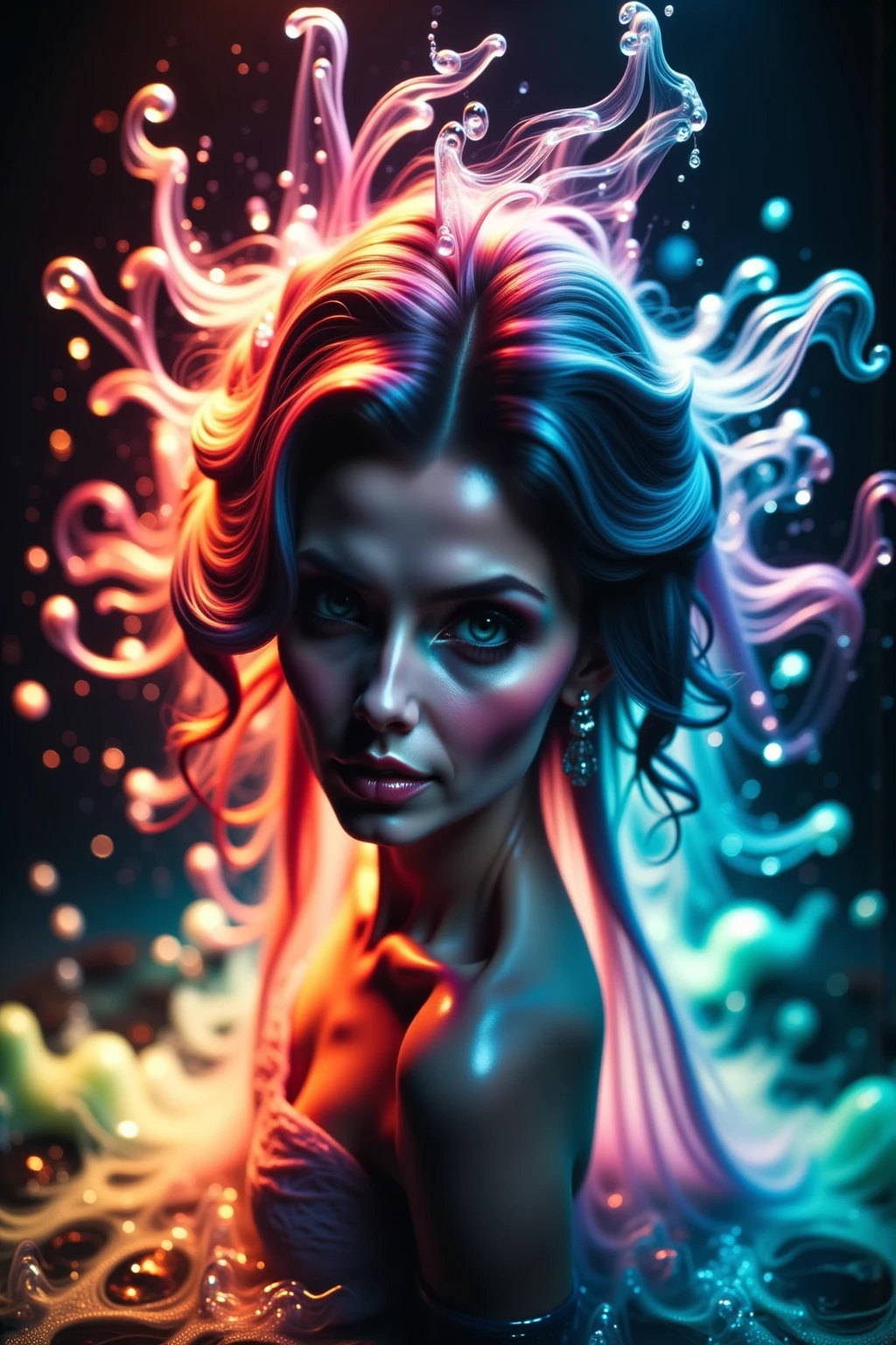 ultra detailed artistic abstract photography of liquid lust, detailed captivating eyes on molten statue, asymmetrical, gooey liquid hair, color exploding lips, highly refractive skin, Digital painting, colorful, volumetric lighting, 8k, by Cyril Rolando, by artgerm, Trending on Artstation, 16k resolution, 300 dpi, 600 dpi, 4k, Contest winner, High definition, detailed, realistic, 8k uhd, high quality, subsurface scattering, translucent skin, glow, bloom, Bioluminescent liquid, vibrant,Leonardo Style