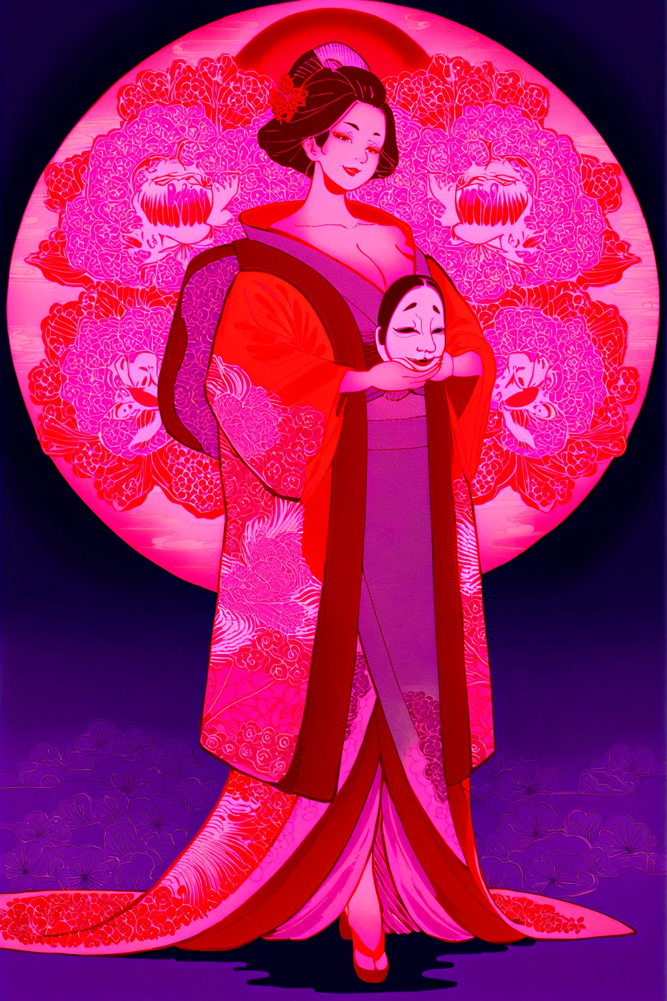 Ukiyo-e style, beautiful Japanese woman holding a Noh mask, mysterious smile, rich kimono.a gorgeous bijin (beautiful woman) partially obscured by a Noh mask, wearing a layered kimono with intricate phoenix and peony patterns, standing in the dramatic shadows of a Noh stage, enigmatic expression, moonlight.