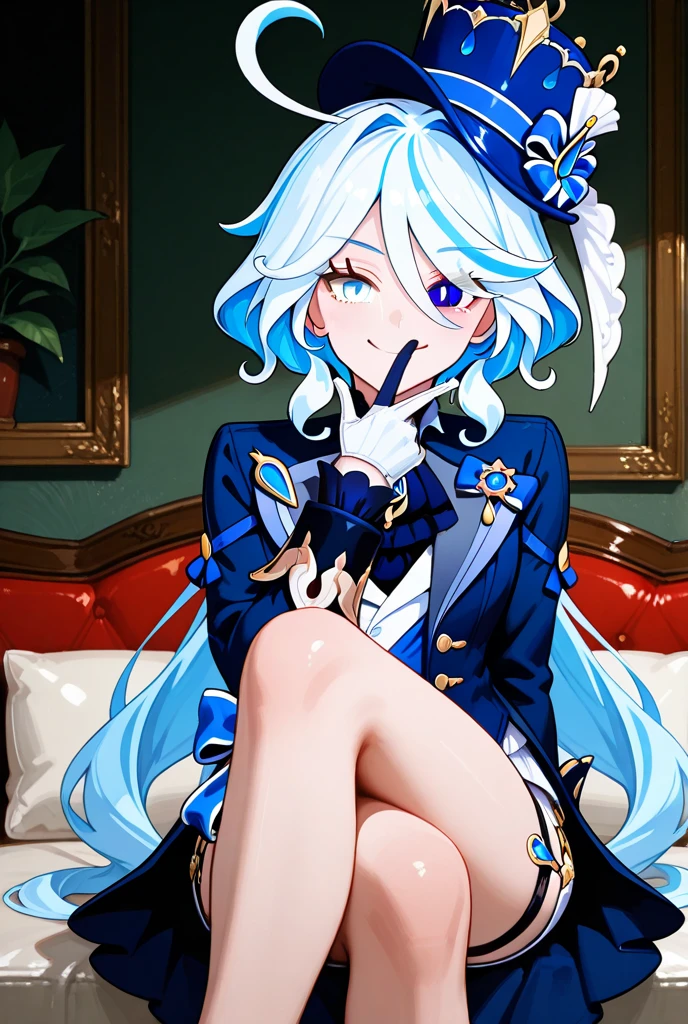 ((masterpiece, best quality)),8k,indoor ,1Focalors,mouth_hold,(white shirt:1.2) ,long hair,looking at viewer,slim waist,black bra, use pantyhose