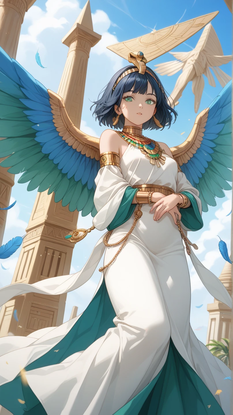 White girl, solo , short hair, dark blue hair, hair on one side, feathers on her hair ,mint green eyes, green jewellery , long sleeves, long dress ,
 
Has colourful wings , wings attached to the arm 
Not attached to her back

in ancient Egypt 


Aerial  
Flying , wings under her arms , colourful wings, wings with a mix of green and dark blue 
 
, ancientEgypt , moving illustration、(dynamic pose I was in), Aerial photography、Overlooking、 masterpiece, 最High Quality, High Quality, 、Jump in 、(((Aerial)))、、 Invalid、Wide Angle Shot, 

Flying over the pyramids
Pyramids under her

Hair on one side, Feathers on the hair, no bangs