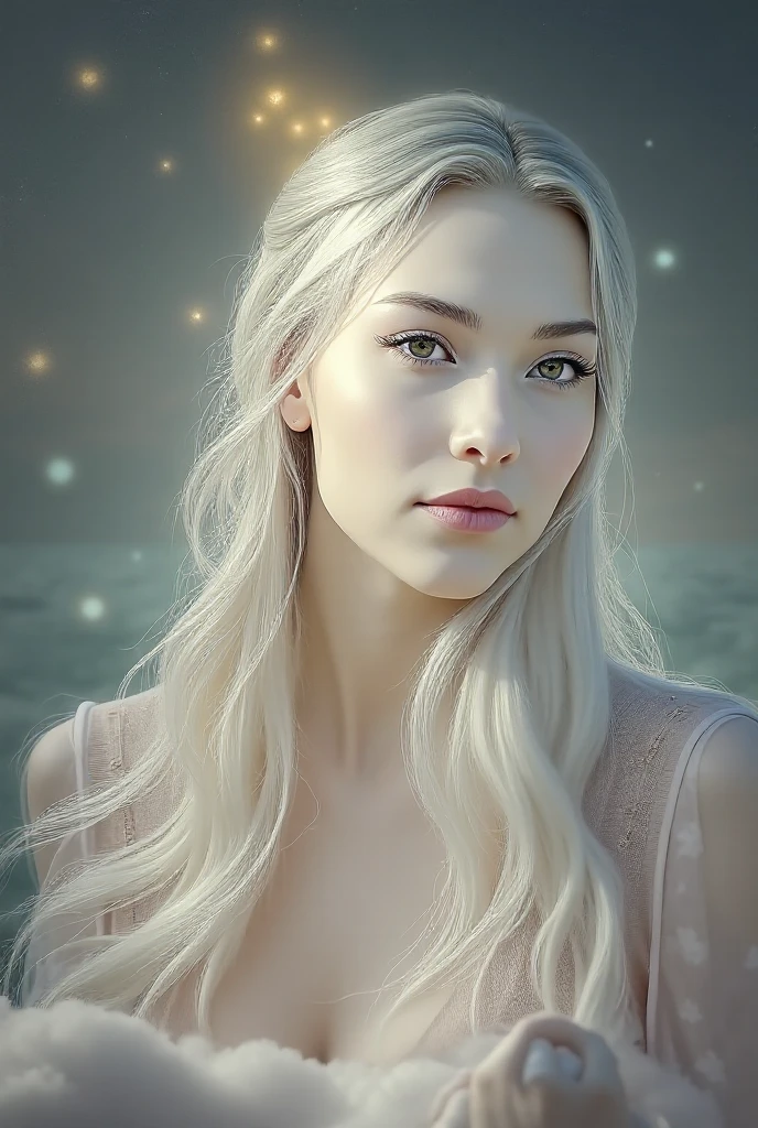 high weist portrait of blonde beautiful girl portrait that echoes her strength, resilience, and beauty. Feyre's portrait should frame her face, allowing her captivating features to take center stage. Start with her blue eyes, the windows to her soul. They are vibrant and expressive, reflecting a depth of emotions accumulated through her journey. Her strong jawline and high cheekbones reveal her determination and resilience, while her soft, full lips convey her capacity for love and compassion. Her long blonde, flowing hair should cascade around her shoulders, in light blue shimmery fantasy dress,(Stary sky in background) (zoom out) wide angle camshot