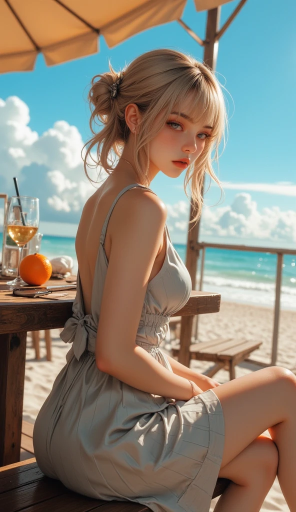 ((Highest quality)), ((masterpiece)), (detailed), One girl, beautiful、cute、smile、At a seaside restaurant、The hair is long and blonde、Stylish、I&#39;m having tea、Short-sleeved summery white clothing、