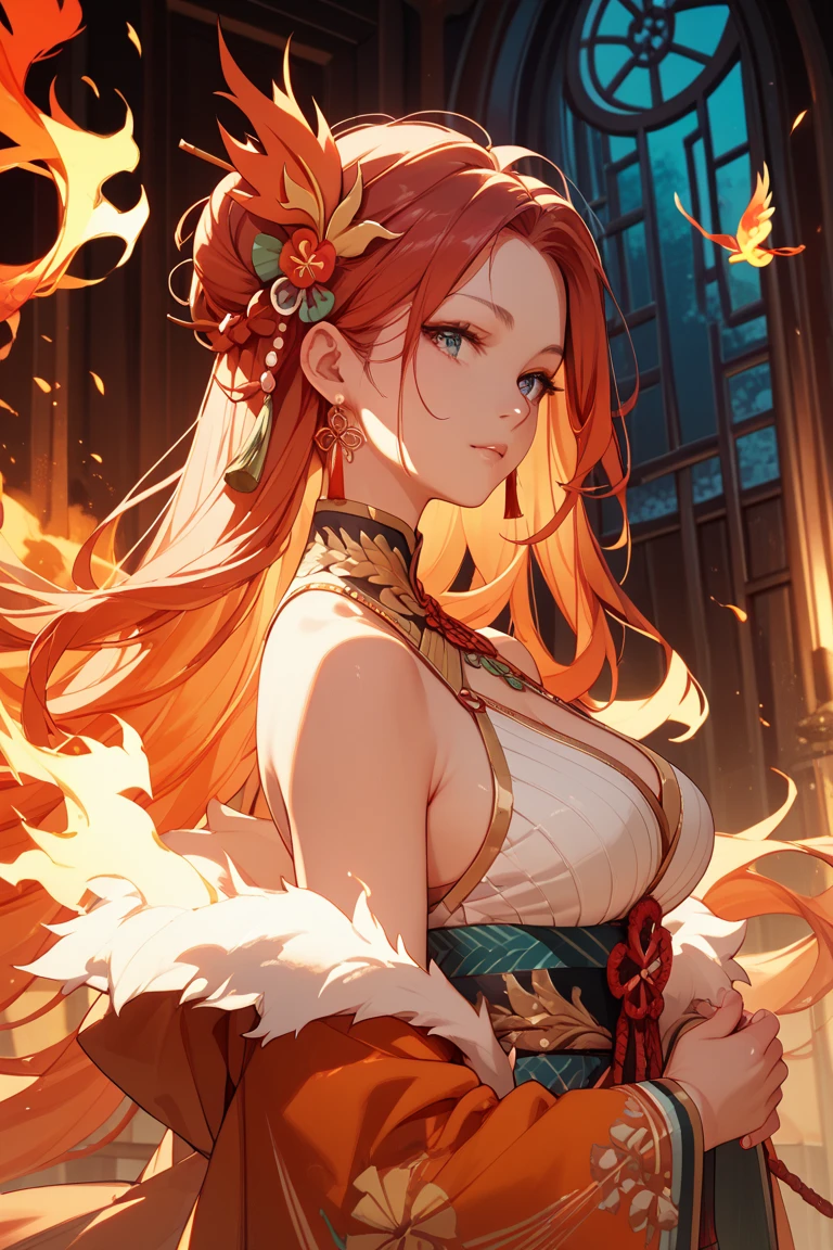 REALISTIC VISION 1.4, BETTER VAE,Sharp Focus, ultra detail, 32K,realistic photo, complex parts, narrow, orange hair, orange eyes, complex parts ,woman, nine tails,complex parts,complex parts,big , voluptuous body, complex parts, Miko,clothes long white dress with red details complex parts,tattoos complex parts,whole body, sitting on the ground