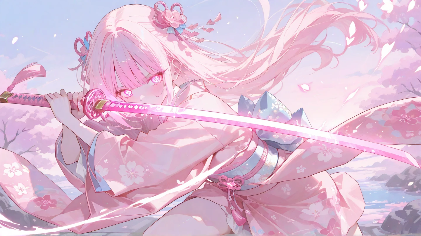 Many sword and gunshot wounds、Heavy bleeding、Cute underwear in pink color、Cute pink bra、Japanese sword and dragon sheath、A magic swordsman who uses blue flames