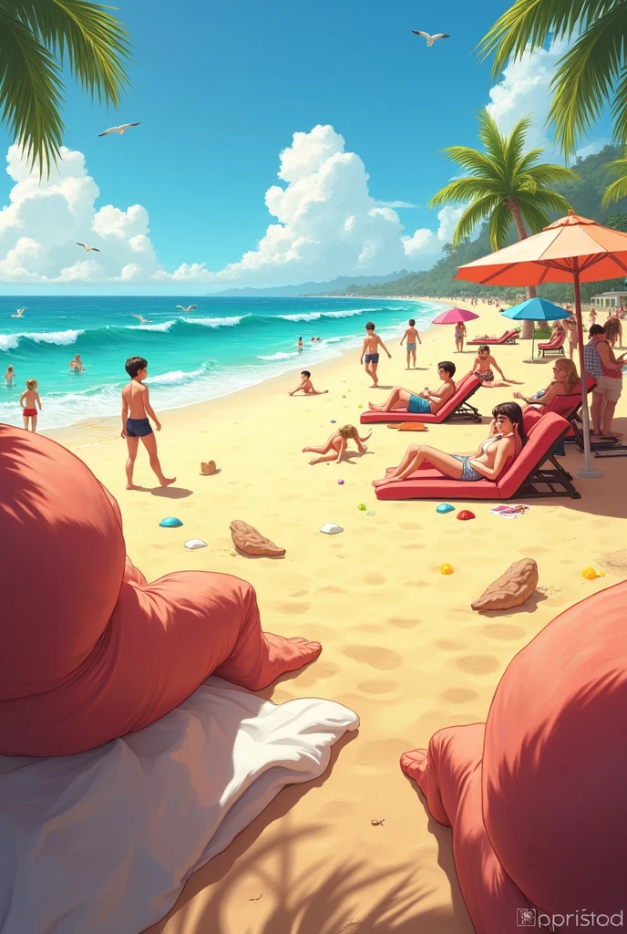 (fantasy00d), (3DMM), ((((animal half of the body in the form of a shark and the other half of a mouse)))), are on the sand of the beach in the middle of several people, people in the sea water, fat women in bikinis, old men with big bellies, children defecating, family in a picnic eating a roast chicken, (fantasy00d)