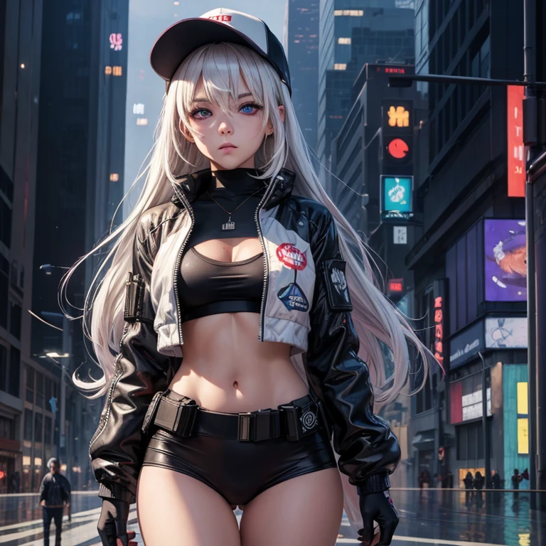 one beautiful girl, detailed beautiful hair, detailed beautiful eyes, long white hair, blue eyes, small breasts, loose unzipped leather jacket, orange bra, tight orange shorts, standing on sidewalk, evening, nighttime, night, city lights, big city, cyberpunk city, rain, soaking wet, standing, cowboy shot, cinematic lighting, dramatic lighting,