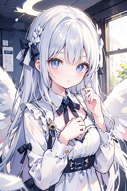 Angel翅膀,Angel,Blue Halo,White pantyhose,White hair,Long hair,Cat ear,Heterochromia(Left blue right yellow),female face,There are bright spots in the eyes,Female hands,White little hands,Normal fingers,flat chest,Starry Sky