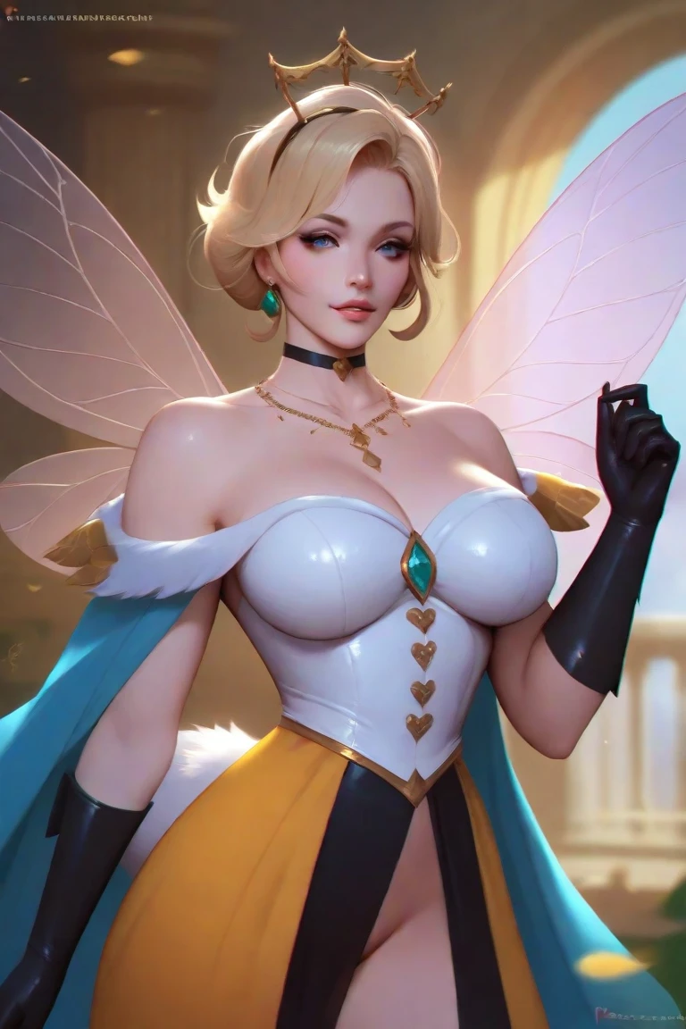 (masterpiece, top quality, best quality, official art, beautiful and aesthetic:1.2), (1girl:1.3), (Airy), (bravely default), white hair, extremely detailed, portrait, ((navel cutout)), ((slendered abs:1.4)), bravely default, fairy from bravely default, (Aletta ocean face), looking at viewer, solo, (full body:0.6), detailed background, close up, gold eyes, (cool castle theme:1.1), (((white skin, fairy wings, shiny skin, black gloves))), fairy woman, spread out fairy wings, charlatan, sinister smirk, mysterious, shapeshifting in a castle, revealing tube dress, black leather boots, long boots, buckles, straps, pouches, collar, sleeveless, black latex, ((((breasts, cleavage, skindentation)))), slim waist, slim hips, long legs, fantasy (castle interior:1.1) background, dark mysterious lighting, shadows, magical atmosphere, dutch angle