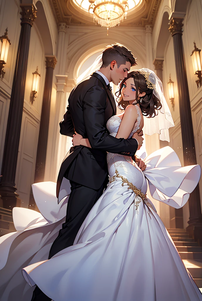 masterpiece, Best quality, masterpiece, Best quality, masterpiece, Best quality, masterpiece, Best quality, high quality, High detail, Ultra detail, HD, 4k, 4280x2240, depth field, (HDR:1.9), Correct anatomy, a masculine boy with short hair black hair abundant brown eyes with full wedding suit from groom to gentleman's suit and Palto flu pants and a girl with very long hair messy hair curly hair wavy hair (((silver hair))) high ponytail with yellow eyes in wedding dress, Dream wedding dress. love. Hand in hand looking at the New Year's sunset sunrise while kissing at church wedding with wedding rings on boy finger and wedding rings on girl finger and smiles, detail, ultra-detail, correct_position, correct_texture, correct_colors, correct_shading, correct_cgi, correct_body, correct_anatomy, correct_proportion, (correct_complete_body)