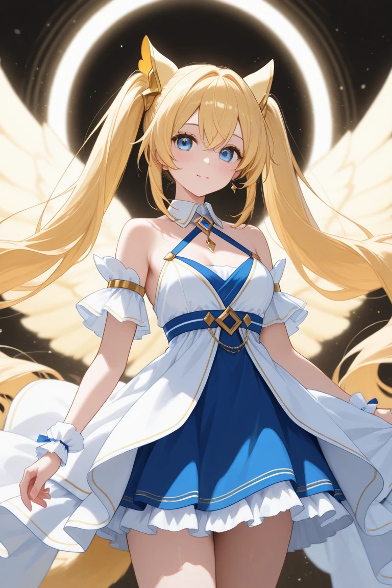 a woman in a bikini top and angel wings is sitting on a table, anime goddess, beautiful alluring anime woman, seductive anime girl, beautiful anime girl, beautiful anime woman, extremely detailed artgerm, blonde anime girl with long hair, detailed digital anime art, beautiful angel, of an beautiful angel girl, of beautiful angel, cute anime waifu in a nice dress