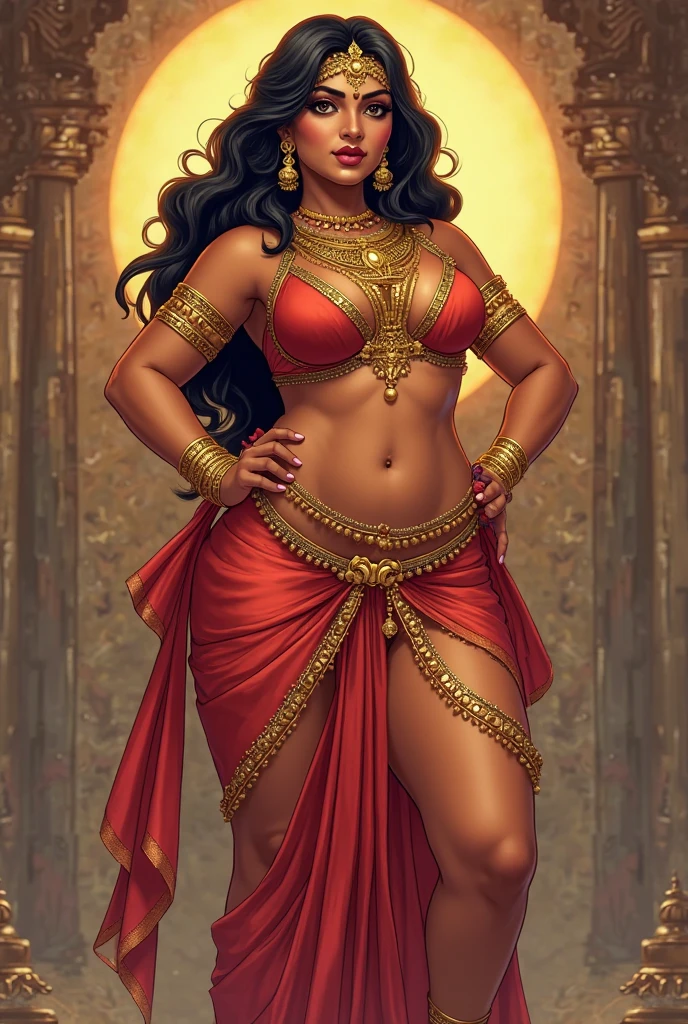 Arte Inspirada John Buscema, uma mulher, nativa do povo Asteca, Wearing traditional clothes and jewelry for festivities, sua sensualidade transparece por todo seu corpo.Full body standing near an Aztec temple