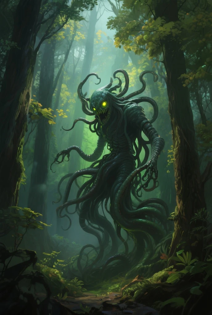 Create an image depicting an alien creature lurking in a dark medieval forest. The forest is shrouded in mist, with ancient, gnarled trees casting eerie shadows under the dim moonlight. The creature itself is a fusion of otherworldly and medieval elements: it has a sleek, metallic body with intricate, glowing runes etched across its surface, reminiscent of enchanted armor. Its eyes emit a faint, ethereal glow, and tendrils of mist seem to swirl around its feet, blending with the forest floor.
The atmosphere is tense and mysterious, evoking a sense of both wonder and danger. The creature moves silently among the trees, its presence both captivating and unsettling against the backdrop of this fantastical and foreboding forest.