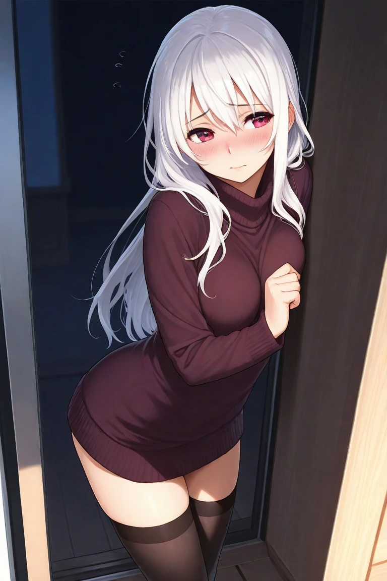 An 18-year-old woman with long white hair with green eyes in a black sweater and a green coat in a wooden house has sex with large breasts in anime style drawn in ink in 2D style