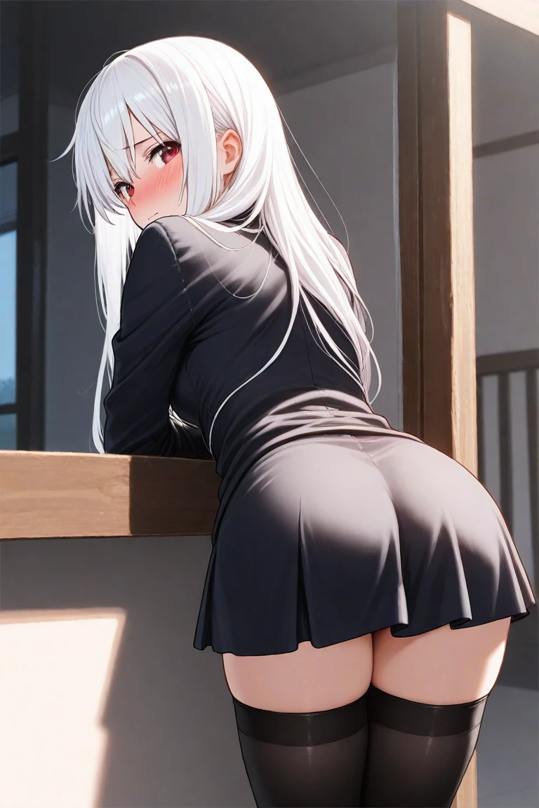 ((table top, highest quality, High resolution, nfsw, perfect pixel,  4K, nffsw, nffsw))), 1 girl, single, alone, beautiful woman、I could see the whole body、 , ((beautiful eyelashes, realistic eyes，realistic eyes)), ((detailed face, blush:1.2)), ((smooth texture:0.75, realistic texture:0.65, realistic:1.1,)), ((perfect hands，perfect fingers))，F cup, slim，dynamic angle, perfect body,  ((school uniform, black jacket, open jacket, Brown cardigan, white shirt, black skirt, plaid skirt，black tights，garter belt)), City staircase、Angle looking up from the bottom of the stairs、Very embarrassing panic smile, looked back、leaning forward、(The wind flipped my skirt and exposed my butt...........................、Touching the buttocks with both hands、Random color lace panties)、