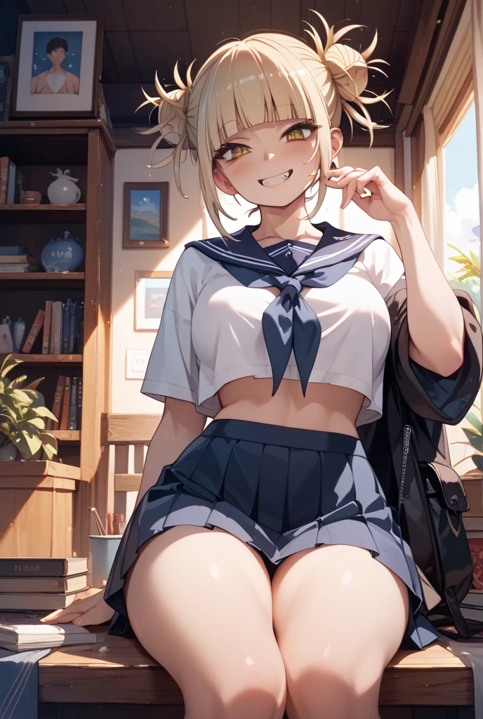 (extremely detailed CG unity 8k wallpaper), (((masterpiece))), (((best quality))), ((ultra-detailed)), (((illustration))), (best shadow), ((an extremely delicate and beautiful)), (detailed light), (well designed face), amazing face, (super detailed), cinematic shot, beautiful detailed eyes, detailed background, 1girl, solo, medium hair, (((silver hair))), hair ornament, robot hair ornament, sexy lips, (((yellow eyes))), grey skin, multicolored hair, ((inner yellow hair)), large breasts, smirk, school uniform, (pink panties), crop top, ((navel spread)), jacket, open jacket, interior design, classroom, spread navel, bewitching thighs, smile, one eye closed, hand on own chest,