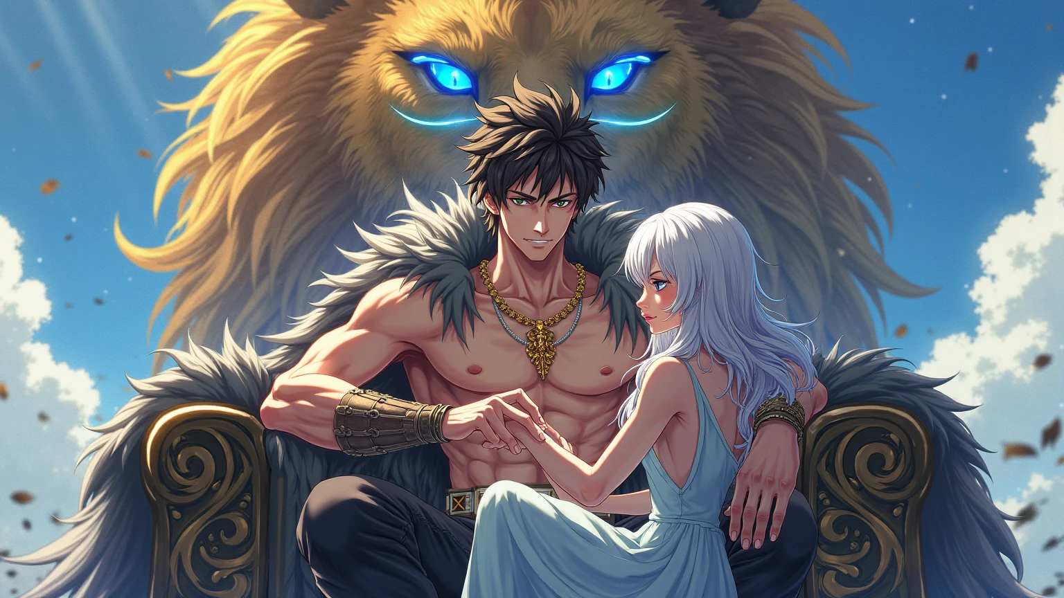 An Masterpiece image of a couple from Final fantasy 14, (Medium-shot, Side-View), ((a Furry-Lion-Man, smile, gray skin, short gray hair, and lavender eyes)), Woman with short white hair, brown skin, and lavender eyes. They are seated on a sofa. (Both are looking at each other eyes with a passionate gaze, both are wearing casual clothes), they are inside a house in ishgard. best quality, ultra-detailed, 8k.