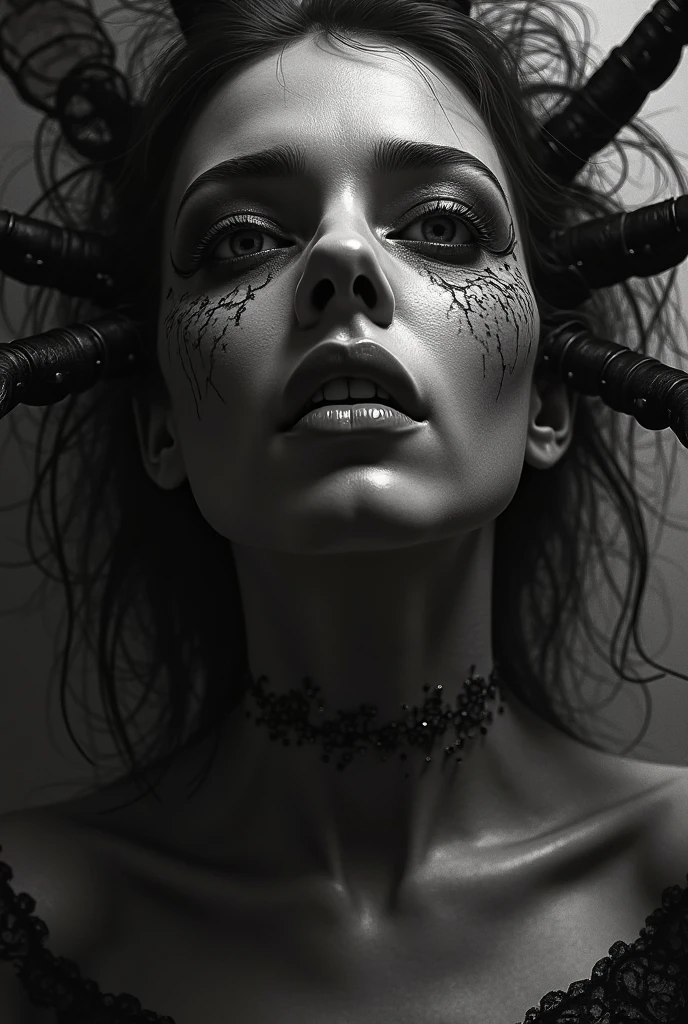 Close-up of a woman ((covered in thorns on her naked body,)) black and white photography.