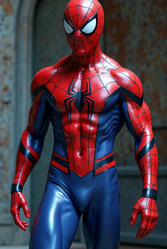Raw photo, Handsome young man ,detailed body contours with Spider-Man cosplay, Very large bulge, large protruding codpiece