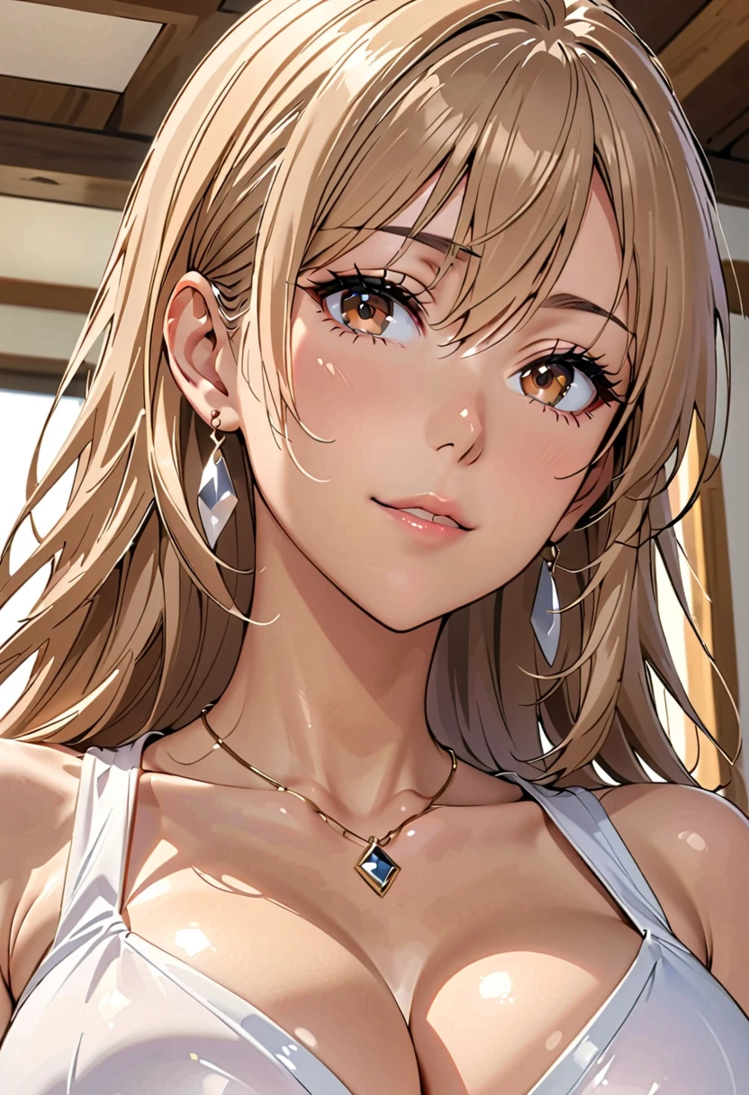 (best quality, highres), portrait, upper body, elegant, adult woman, brown eyes, long hair, swept-side bang, [[brown hair]], (blonde hair), broad shoulders, slip dress, cleavage, white curtain, ultra detailed cg 8k
