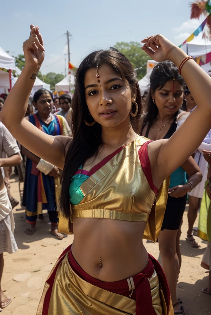 a beautiful naked Indian girl, sweaty, athletic body, and hairy armpits, being carried by two women