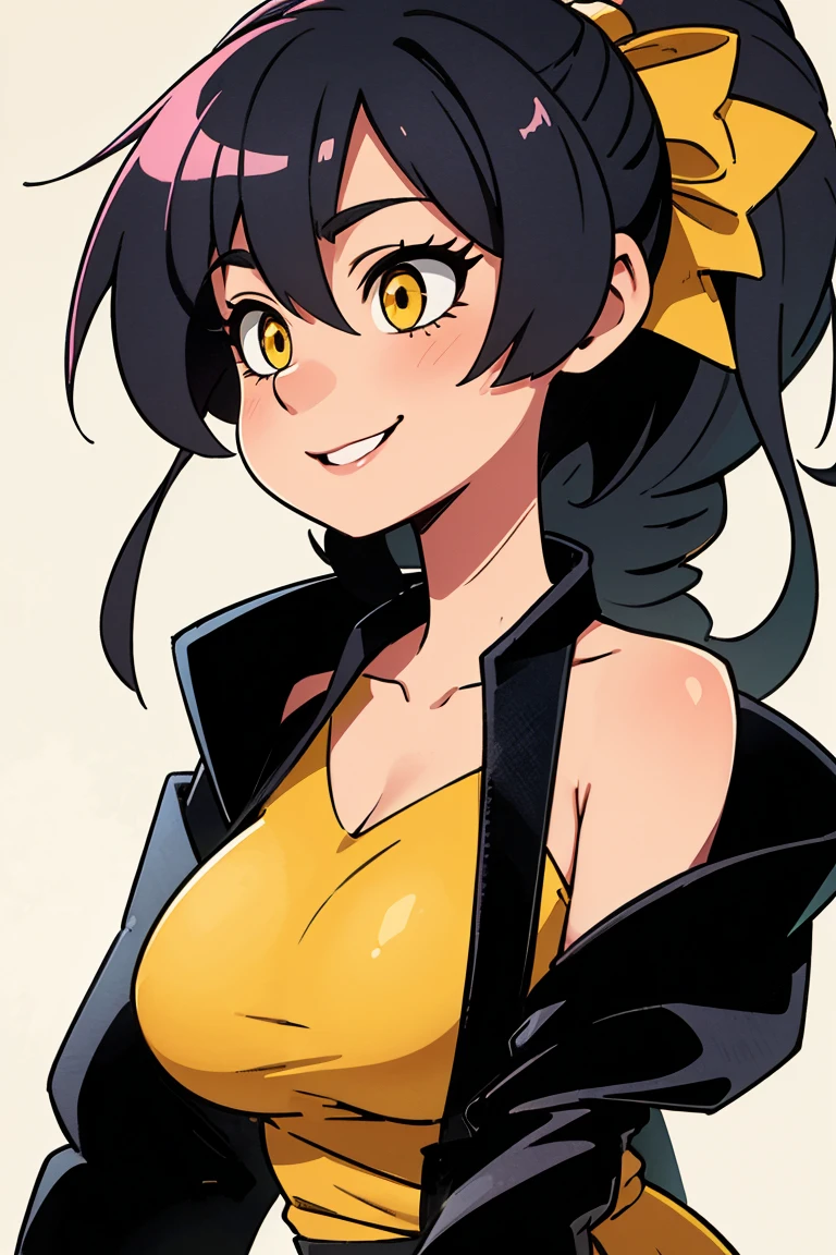 Anime style illustration of a female character with black and brown hair.., smiling on a yellow background. The artwork features bright colors.., Intricate details and sharp focus with high resolution and high level of detail. It has a perfect composition in anime art style with Japanese manga art style... The rendering is of the best quality in the style of Akira Toriyama and Nyo... --AR 21:32