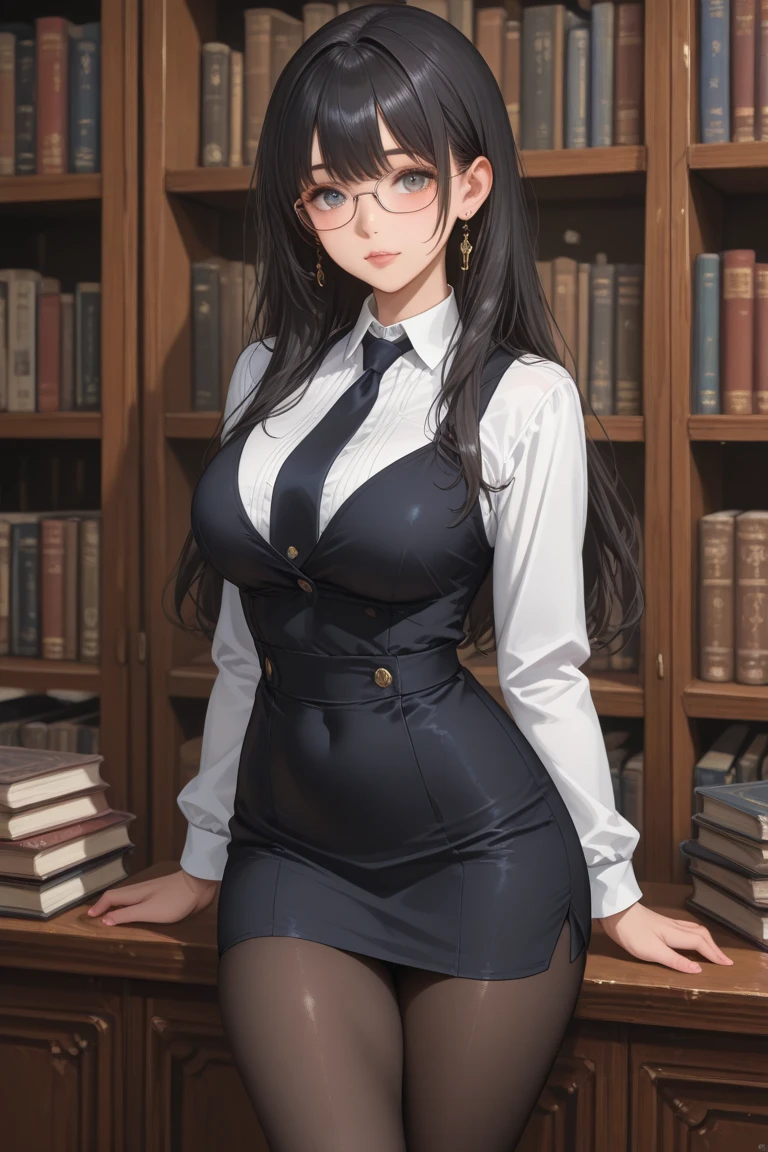 (masterpiece, Best Quality, Very detailed, ultra detailed, High resolution, absurdities, 4k, 8k:1.2), (official art, incredibly good illustration, Extremely detailed CG, detailed background, Professional lighting, dynamic angle, perfect hands, shiny skin detallada, Detailed hair, detailed eyes), 1 woman, milf, mature woman, long wavy hair, Glasses, library, Business suit, White shirt, tube skirt, microfalda, black stockings, garter belt, black fur, shiny hair, shiny skin, low blouse, Leaning forward, open mouth, moody, hands on the hips, stack of books, from below