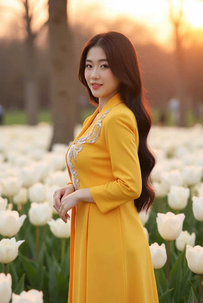 golden yellow ao dai, ao dai, vietnamese girl, vietnam, vietnamese,Cinematic, Aesthetic, long hair, pretty girl,