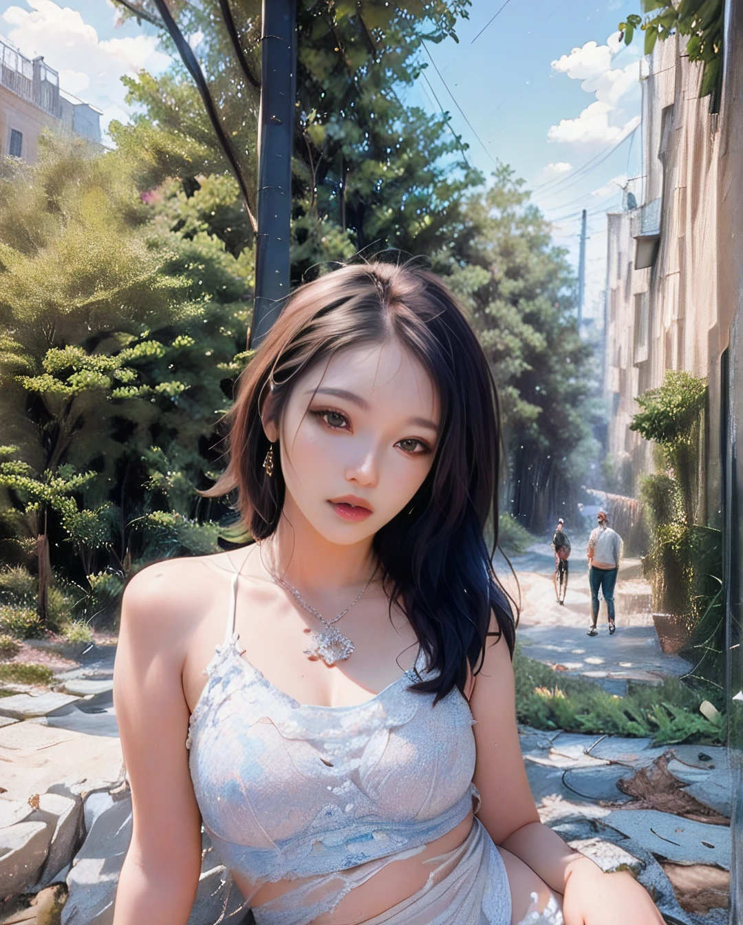 (1girll:1.3), 独奏, (((very vey very detailed face))),((very detailed eyes and faces))),beatiful detailed eyes,Body parts__,offcial art,Unified 8k wallpaper,ultra-detailliert,Beautiful and beautiful,big breasts beautiful,tmasterpiece,best qualtiy,primitive,tmasterpiece,ultra fine photos,best qualtiy,超高分辨率,photorealistic realism,rays of sunshine,full-body portraits,stunningly beautiful,,dynamicposes,delicated face,Bigchest,Vibrant eyes,(From the front side), Very detailed street background with grass and trees, 详细的脸,detailed complex busy background,Untidy,opulent,milkyW,highly detailedskin,Realistic details of skin,Visible pores,Clear focus,volume fog,8K UHD,digital SLR camera,high qulity,filmgrain,White skin of the,photo-realism,DL,A huge metropolis of the dystopia of the future, semi transparent,Realiy ,hardsuit