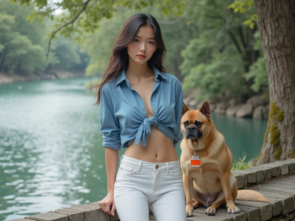 1 girl, solo, best photography, high quality, 8k, lighting, good lighting, forest background, bra top, east asian, predominantly white, wavy shoulder length hair, realistic body, 16 years old, young adult, flat breasts, skinny, skinny body, backpack, backpack strap, equipment, strap around thigh, leash around thigh, morning, standing full body, fair skin, flat chested, skinny af, chopsticks legs, thin waist, oversized bra, oversized shorts, modest bra top, sports bra, white bra top, white sports bra top, carrying heavy backpack, dog on the background, she is flat chested, skinny and overall slender