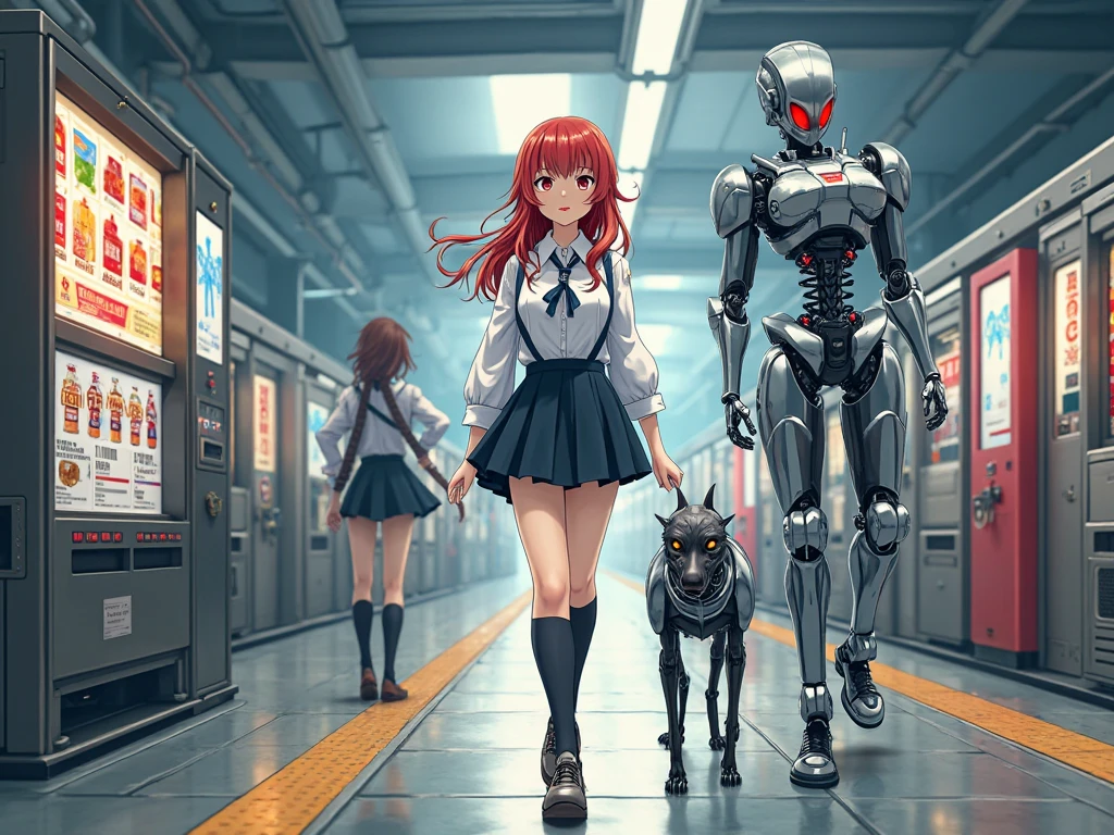 In realistic anime style, a girl with short green hair and a light blue spacesuit travels riding a rocket through an avenue full of vehicles, scaring people.