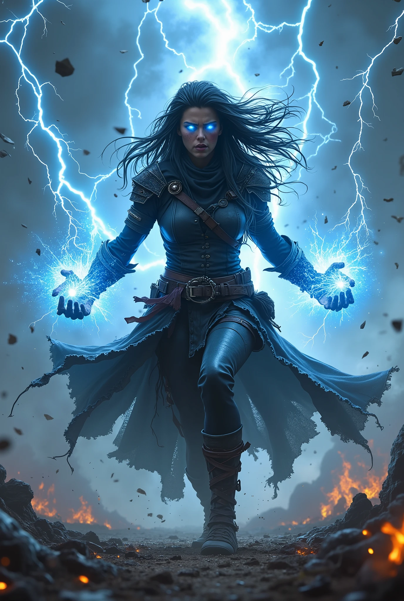 At the center of an explosion of pure energy, an indomitable warrior dominates the scene. Her posture is aggressive and ferocious: one knee stuck in the ground, the other bent forward, like a lioness about to jump. Her arms are extended back and to the sides, protection as beams of intense blue electricity radiate from your hands clenched in fists, crossing the air like luminous serpents and knocking down enemies around them. She has long, ragged black hair, violently fluttering in the midst of the electrical storm that it generated itself. Her face is contorted in a cry of pure fury and power, her mouth open in a primal roar. Your eyes shine with a supernatural blue, incandescent like two burning stars, overflowing with an energy that seems to defy nature's own laws. Small freckles dot her face, standing out against the skin scarred by battle. The warrior wears light black leather armor, reinforced with discrete plates on the shoulders, } forearms and legs — made for allow freedom of movement without sacrificing. Fabric bands and belts also twirl and undulate around her, intensifying the feeling of movement and chaos. burned by the force of the discharge, shards of earth and debris float in the air as if the surrounding world were being torn apart. Around you, dozens of enemies are thrown away by the electric shock wave: shapeless bodies, still stuck in the air, with surprised expressions , pain and panic frozen in her faces.