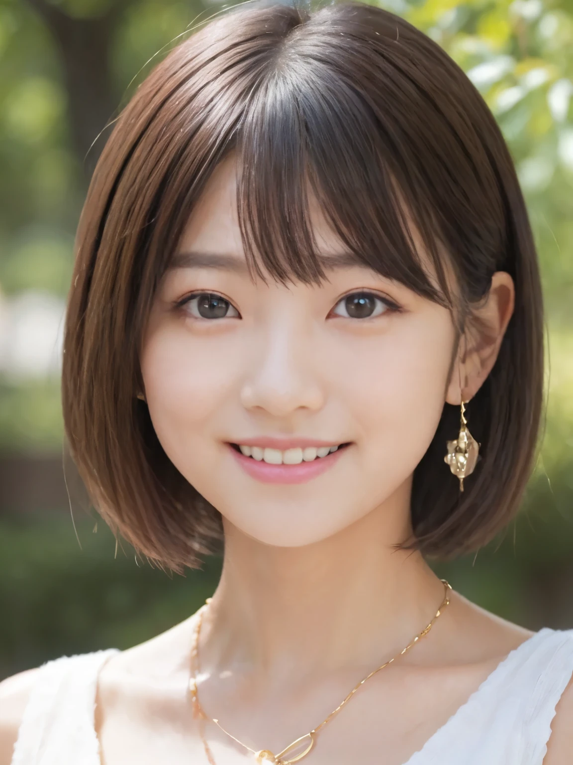 (A photo of your face:1.25), 6 years old, (Baby Face), (Round face), One Japanese woman, beautiful girl, Pretty face, (View your viewers), (Standing facing the camera), (smile), (Beige tank top)、(Pure white background:1.2)、Mouth closed