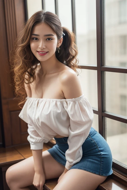 (((1若いVery detailed美しい顔))) (((Natural Makeup))),Amazing face and the best quality:1.4), (Ultra-detailed), (Very detailed CG 統合 8k 壁紙), Very detailed,3, High resolution raw color photos, Professional photography, Realistic portraits, Great face and eyes, Brown eyes,(((Wavy medium length blonde hair))), model, Depth of written boundary,,sit,smile,,(Cleavage),3,,(((Warm Orange Sunset Background))),(((Blue ruffled blouse))),(((White long skirt))),(Straw hat)
