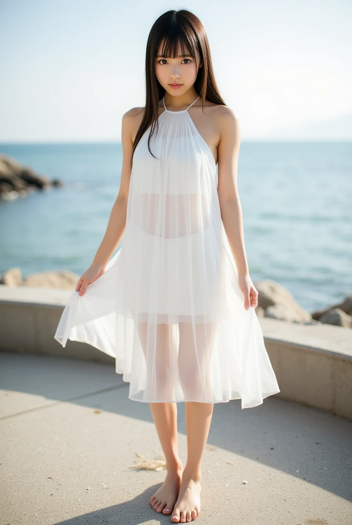 araffe woman in white dress standing on a balcony overlooking the ocean, Translucent dress, flowing white dress, dress in voile, Wearing a white flowing dress, floating dress, wears a white dress, light half opened dress, White dress, White summer dress, translucent silky dress, Long white dress, Wearing a white dress, white sundress, pretty white dress