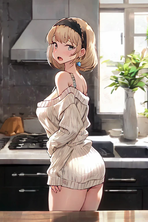 masterpiece, yor, 1girl, Amazing Cleavage:1.3, thin waist, big ass, Raised sexy, medium breast: 1.8 posed cleavage:1.2、solo, looking at viewer, open mouth, have a cup of coffee,black hair, red eyes, dress, bare shoulders, jewelry, collarbone, sidelocks, hairband, earrings, indoors, off shoulder, :o, sweater, arms behind back, plant, short hair with long locks, white hairband, off-shoulder dress, sweater dress, off-shoulder sweater, red sweater, big side hair, very long side hair,is rendered in (masterpiece: 1.2, best quality), with (ultra high resolution) and an exquisite (depth of field). This masterpiece is not only visually stunning but also tells, make of cake cooking ,in the kitchen