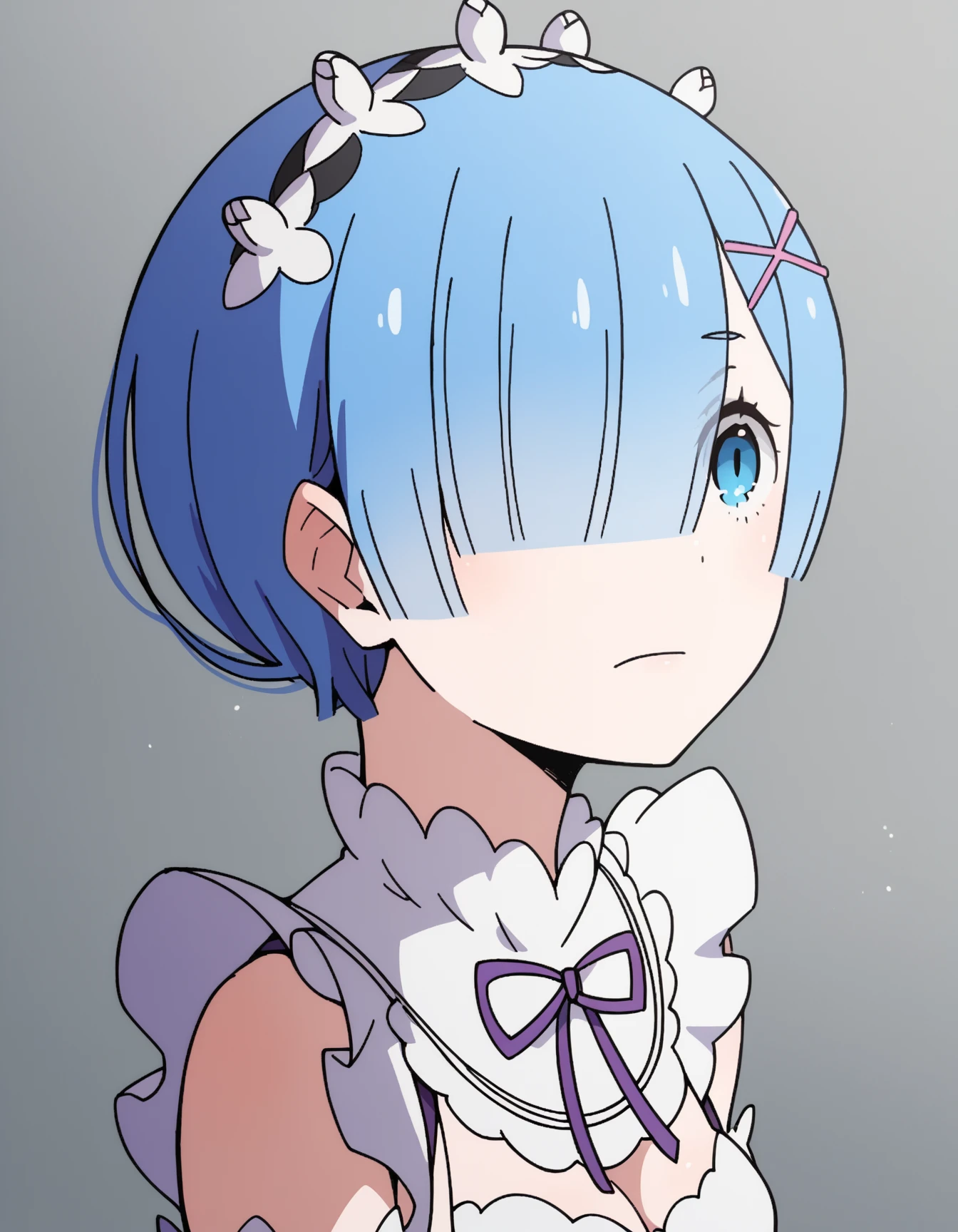 anime, hdr, soft light, ((best quality)), ((masterpiece)), (detailed), <lora:Oni_Sisters_v2-000026:0.9>, remrin, blue hair, hair over one eye, medium breasts, maid, purple ribbon, maid headdress, roswaal mansion maid uniform, white apron, detached sleeves, (looking at viewer:1.1), open mouth, smile, yandere trance, yandere, hands on own face, hands on own cheeks, <lora:yandere_trance:1>, simple background, dark