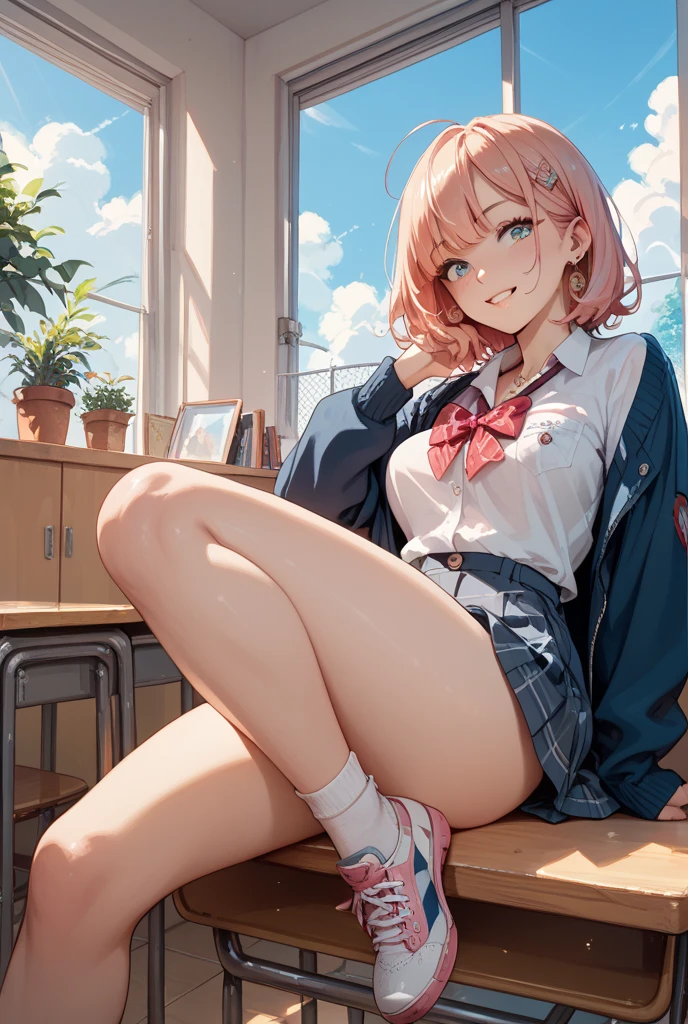 1girl,solo,smile,pink hair,leg up,barefoot,foot focus,foot up,in classroom,