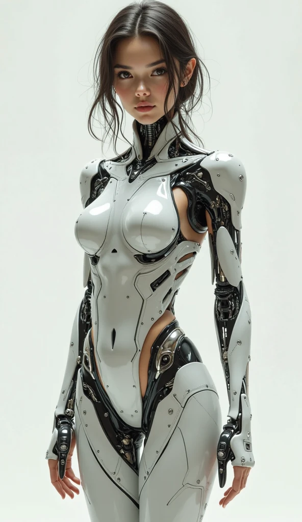 score_9, score_8_up, score_7_up, photo of a cute girl, realistic, robotic mechanical face, glowing eyes, robotic hands,
white background, 1girl, (white robot) girl, (mechanical) girl, translucent skin, reflective, chromic light, green eyes, black hair, long hair, android girl, large breasts, curvy, thighs,
shot on film, shot on canon, detailed skin texture,