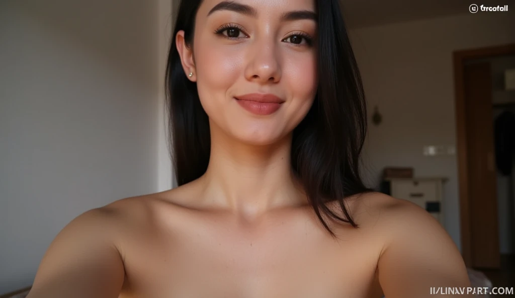She has an oval face with high cheekbones, a defined jawline is Asian, japanese. His eyes are large and almond, black in color, with long eyelashes and thick, arched eyebrows, with a small scratch on his right eyebrow. His nose is small and straight, and she has full, wide lips. His hair is black with a green streak on the left side., short and smooth, usually worn loose with a fringe that partially covers the forehead. Her skin is fair with lots of freckles on her nose and rosy cheeks.. She is short in height, with a slim body build of robust breasts and a slim waist. She wears glasses and is TAKING A SELFIE, taking a selfie with your cell phone, taking a selfie photo with your cell phone TIRANDO UMA SELFIE, taking a selfie with your cell phone, taking a selfie photo with your cell phone