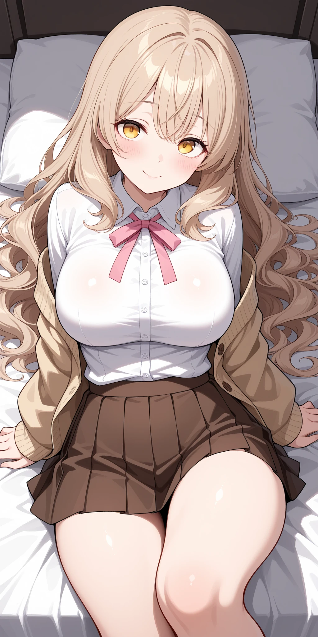 (masterpiece, highest quality), 1 girl, (ALGL:1), (ALGLZion, Zion:1), (Zion hair:1), (Zion eyes:1), chest, medium chest, large chest, looking at the viewer, All limbs, full finger, Woman in white collared shirt, bare breasts, nsfw, nsfw, A woman wearing a blue and black plaid miniskirt, woman wearing a blue tie, embarrassed, panty shot , white panties, clothed, cameltoe, bed, on back, lying