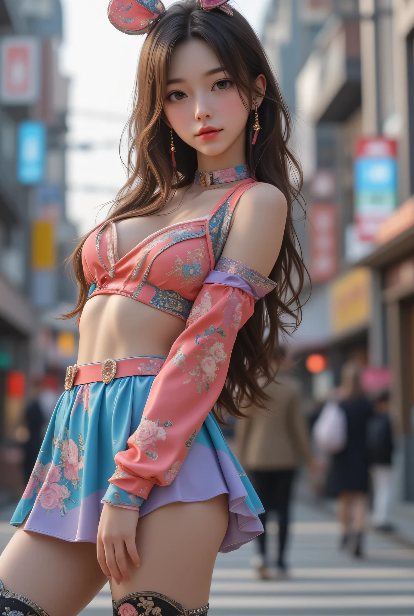 18 year old girl with perfect face and big breasts, cute clothes, slim and slender physique. The skin has detailed and highly detailed eyes (1.1 emphasis), very detailed skin texture (1.1 emphasis). slender necklace, model photo style, photorealistic, skin texture is real human skin texture, detailed skin pores, intricate details, eyes very detailed, colorful hair and colorful dress, rossdraws pastel vivid, artgerm colorful!!!、! Dream Art Germ, highly detailed Art Germ, from the knee up