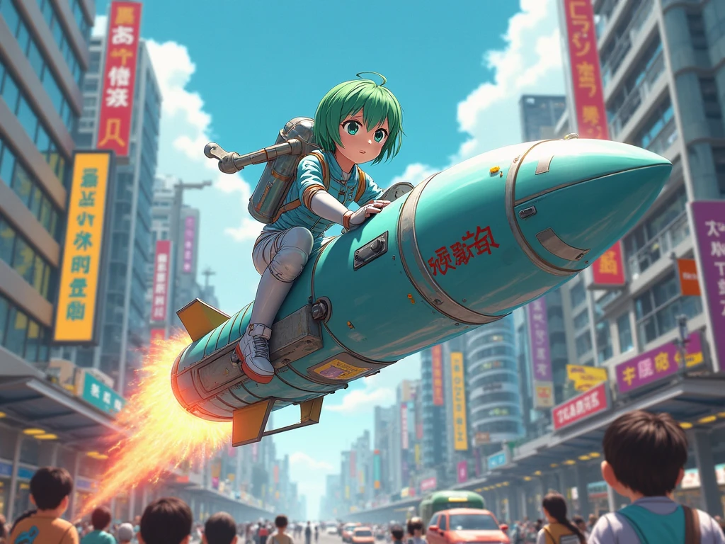 In realistic anime style, a girl with short green hair and a light blue spacesuit travels riding a rocket through an avenue full of vehicles, scaring people.