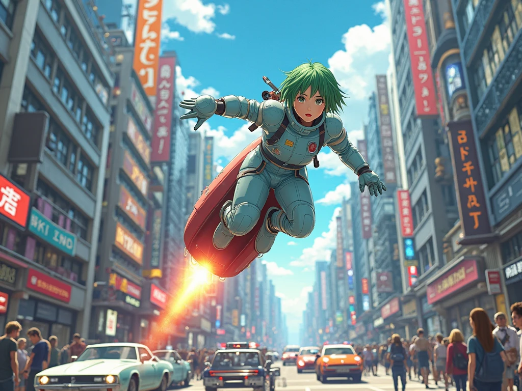 In realistic anime style, a girl with short green hair and a light blue spacesuit travels riding a rocket through an avenue full of vehicles, scaring people.