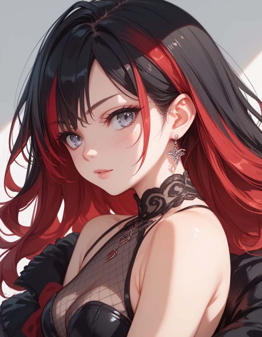 a beautiful girl with red hair wearing a black dress, detailed facial features, bob haircut, full body illustration, woman wearing a long black and red coat, solo character, white background, anime style, highly detailed, photorealistic, 8k, best quality, masterpiece, blue eyes, short hair