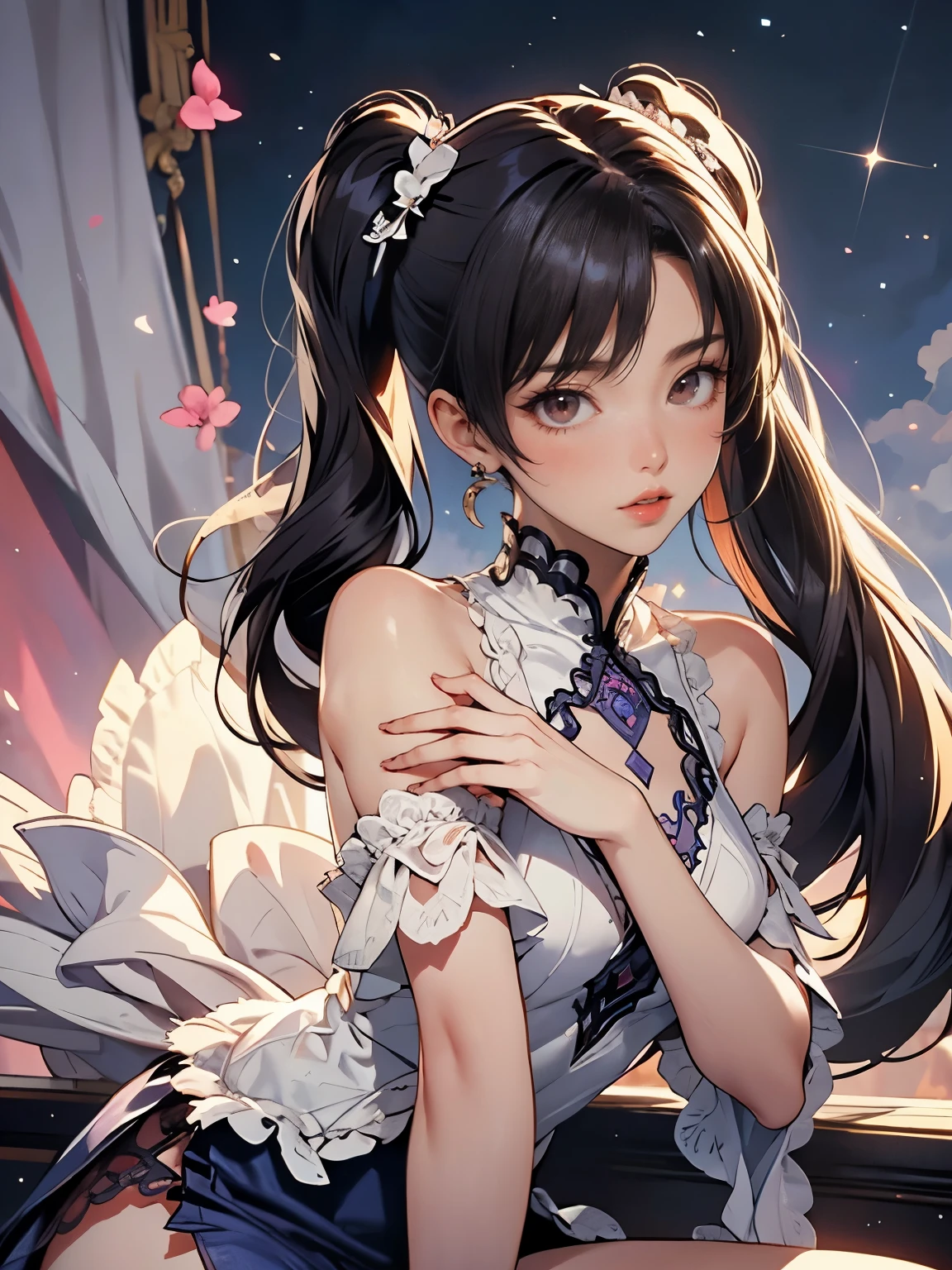 obra maestra、highest qualityr、high resolusion、High quality images、8k、1mujer, cuerpo completo、detallados、Detailed eye representation、brillo de la piel、cabello negro brillante、Nomiya、Portlate、Where the wind goes