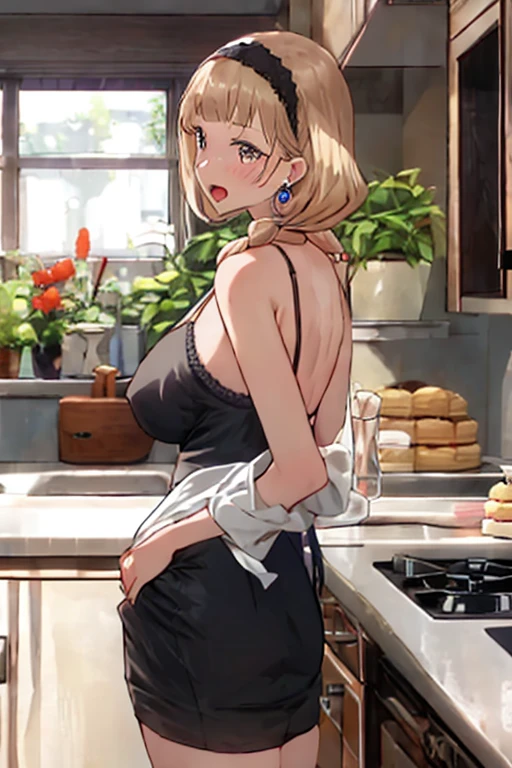 (anime style),masterpiece, best quality, extremely detailed,16Year old,tanned skin,dark skin, Beautiful body,glamour breasts,BREAK,multicolored colorful blonde hair,short hair,hair slicked back,BREAK,black eyes,wedding ring,shy smile,open mouth,half closed eye,detailed lips,open legs,BREAK,cotton black big ribbon,BREAK,yellow a sweater with vertical stripes,kitchen apron,off shoulder,navel,break,head tilt,in the kitchen,put one knee on the desk