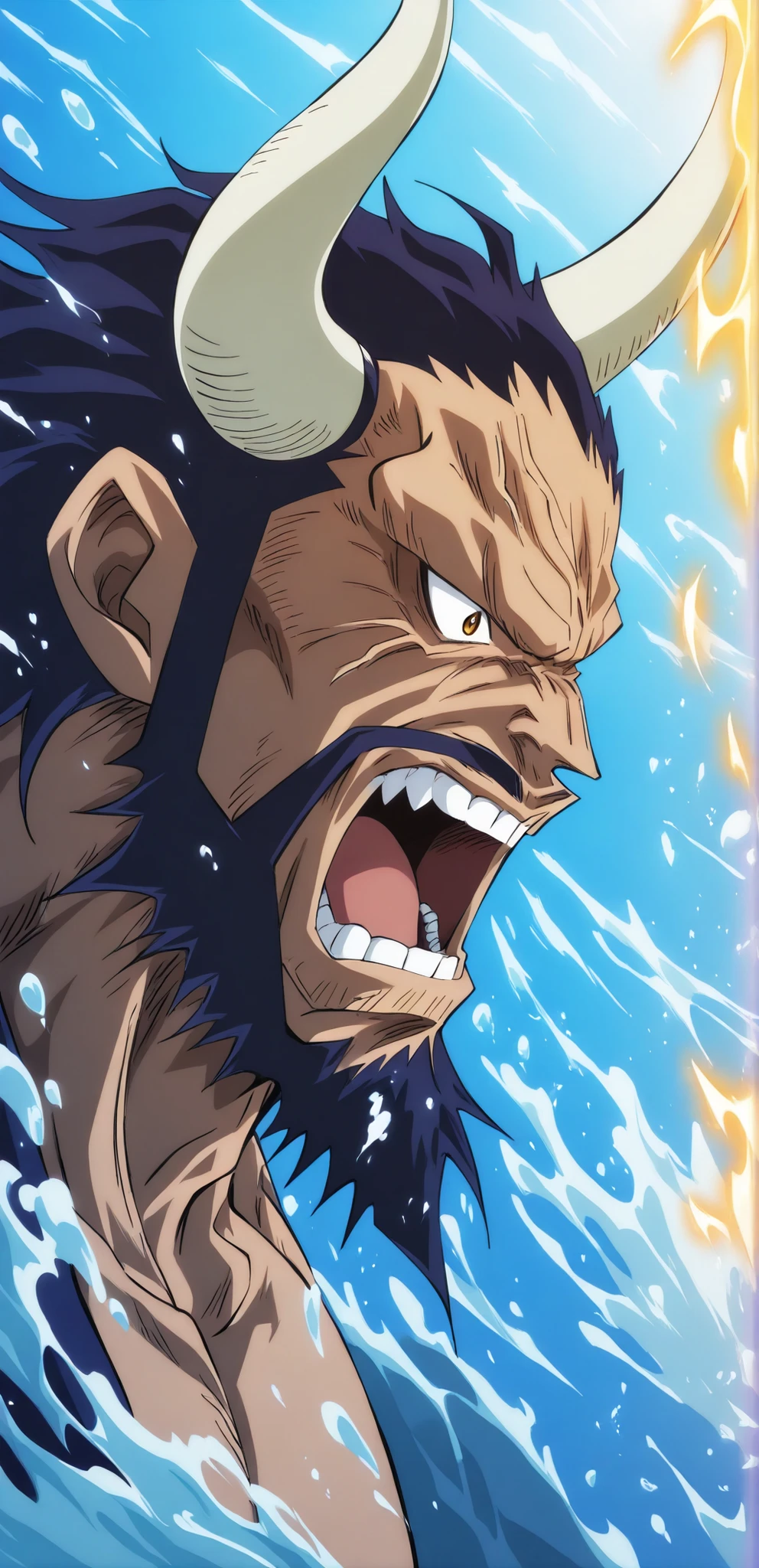 "Kaido with ivory horns, roaring fiercely, surrounded by dynamic splashing water effects. His muscular body and scarred chest are visible, set against a vivid blue background, creating an intense and powerful atmosphere in modern anime style.