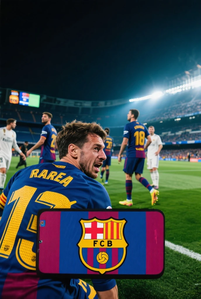 Un joueur de foot de dos avec un maillot de l'ol qui fait la celebration de cr7 avec les cheveux brun sur le maillot le nom est Bardelama et le numero 69