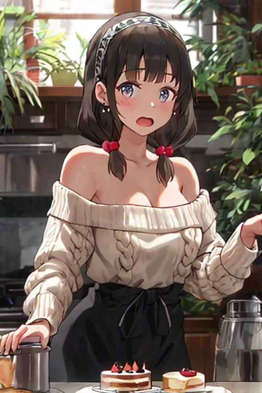 (small breasts:1.3), (perky chest:1.1), (pointed chest:1.0), (Pudding cake magazine cover:1.3)，(from above:1.0),(from side:0.9),masterpiece, 1girl, Amazing Cleavage:1.1, thin waist, big ass, Raised sexy, small breast: 1.3, posed cleavage:1.2、solo, looking at viewer, open mouth, have a cute grass of cute beergrass,black hair, dark green eyes, dress, bare shoulders, jewelry, collarbone, sidelocks, hairband, earrings, indoors, off shoulder, :o, sweater, arms behind back, plant, short hair with long locks, gild hairband, off-shoulder dress, sweater dress, off-shoulder sweater, red sweater, dark gord hair, big side hair, very long side hair,is rendered in (masterpiece: 1.2, best quality), with (ultra high resolution) and an exquisite (depth of field). This masterpiece is not only visually stunning but also tells,A scene of cooking in the kitchen by classroom 